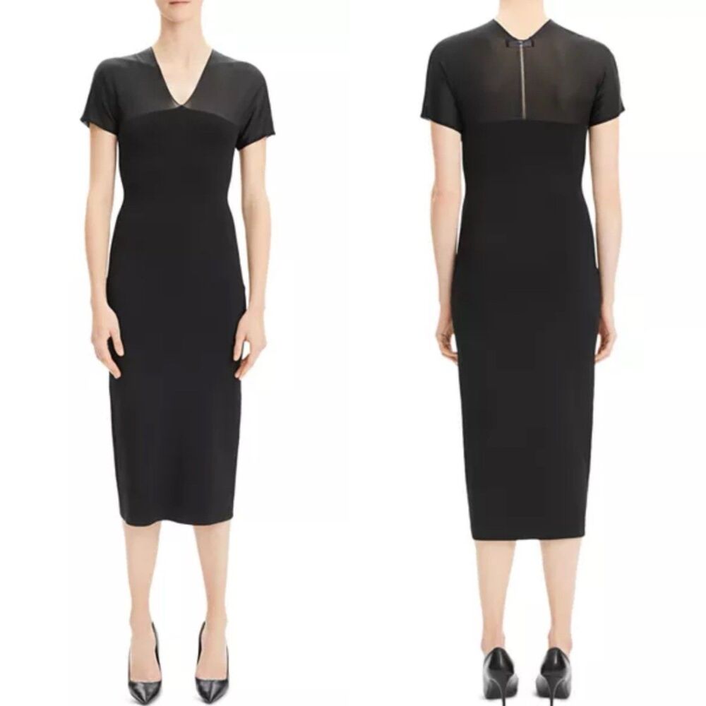 NWT Theory Kimono Illusion Fitted Dress in Black Glossed Women Size Small S LBD - Picture 2 of 16